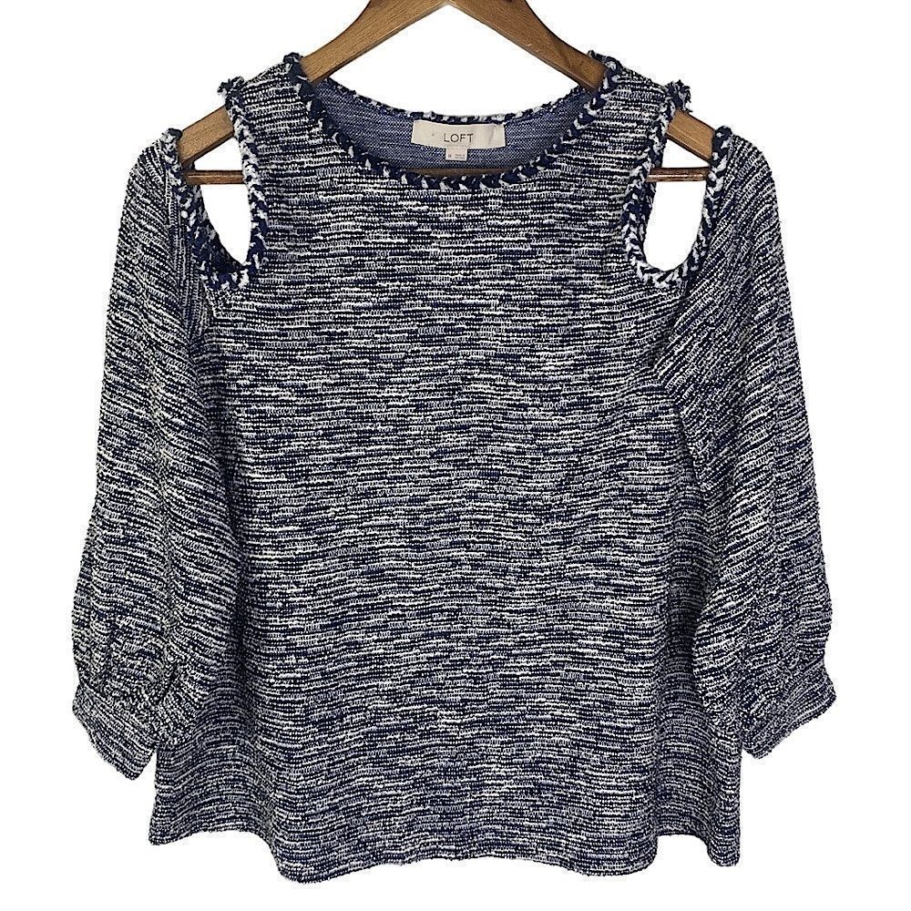 LOFT Nubby Cold Shoulder Puff Sleeve Sweater Top Textured Spacedye Size Medium
